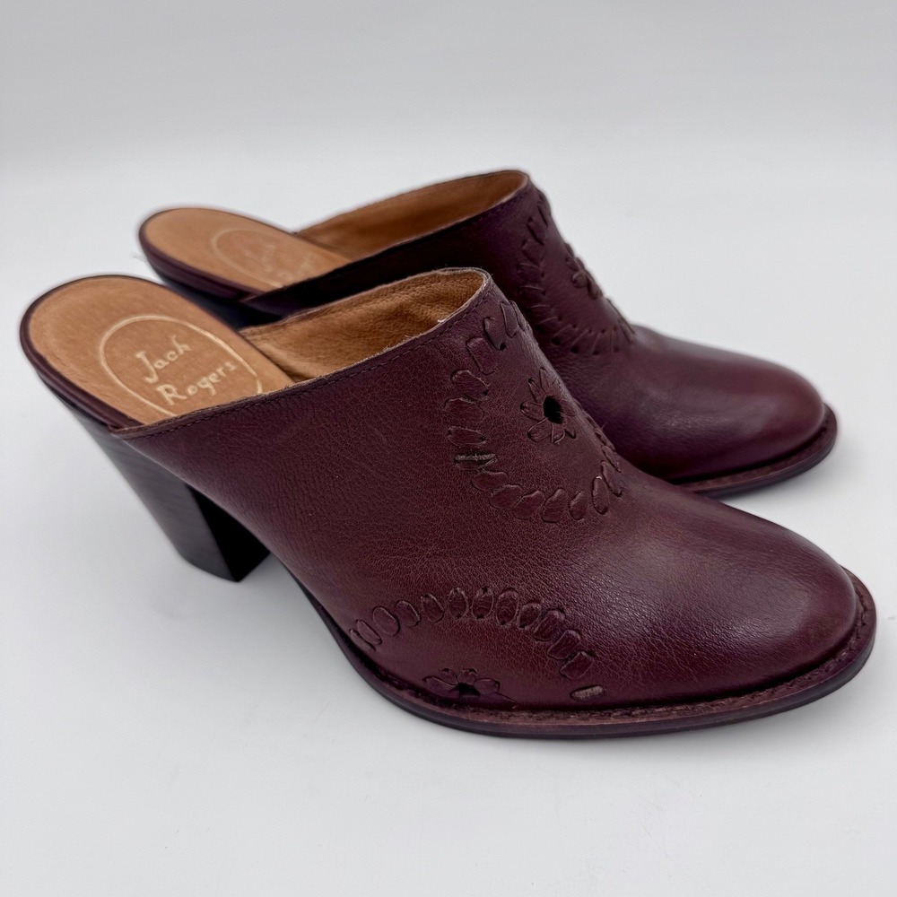 Jack Rogers Womens Burgundy Leather Whipstitch Block Heel Mules Clogs Size 6M